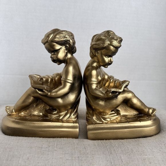Vintage Pair faux Brass Bookends Boy Reading a Book~Gold Art Deco Decor~Cherubs - Picture 10 of 10